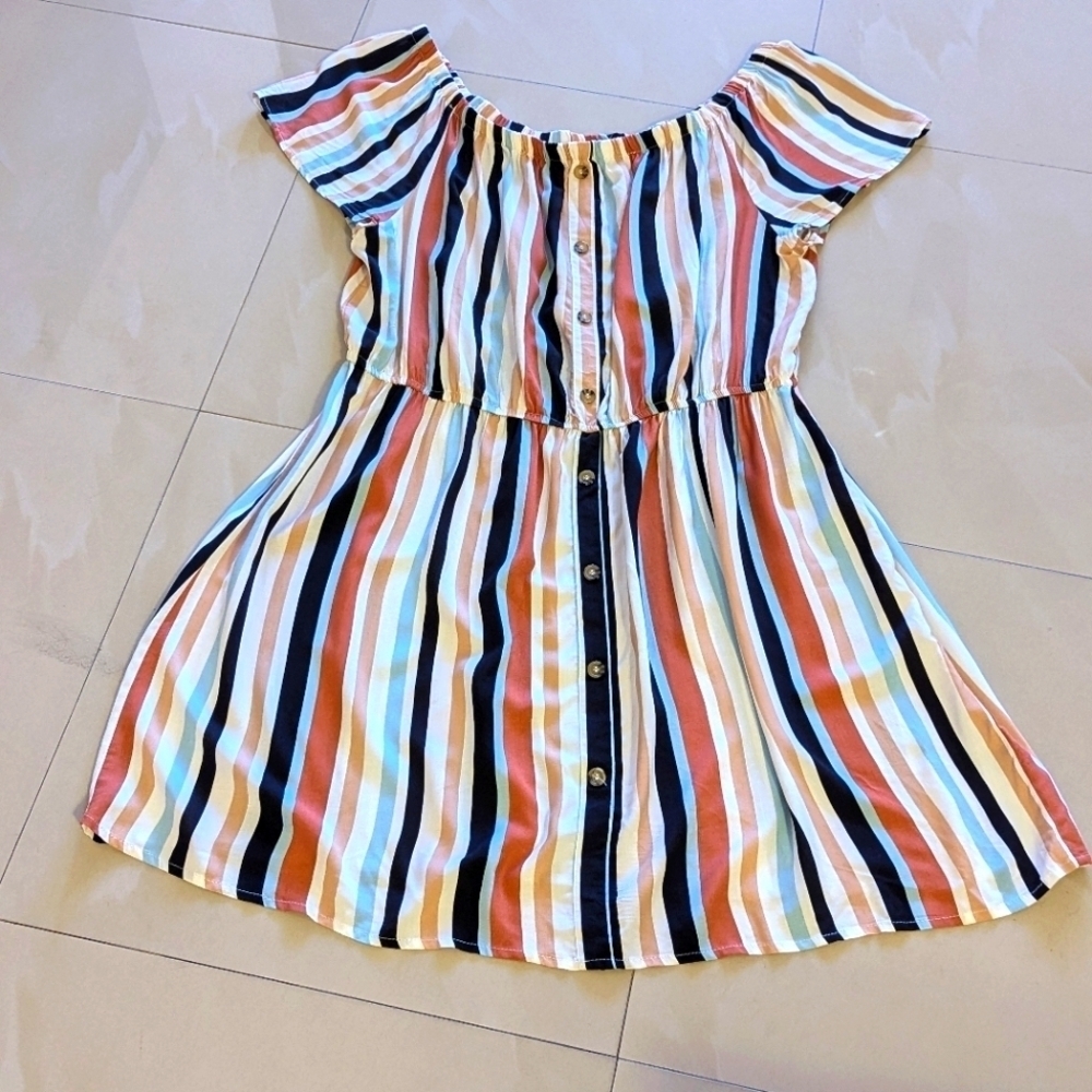 J for Justify, Woman off the Shoulder Dress, Size 3X strips colorful Rayon